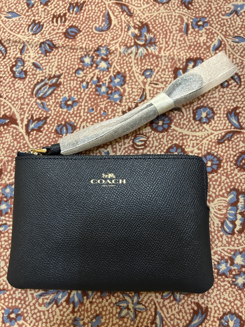 Coach Navy Pebbled Leather Zip Wristlet with Gold Logo